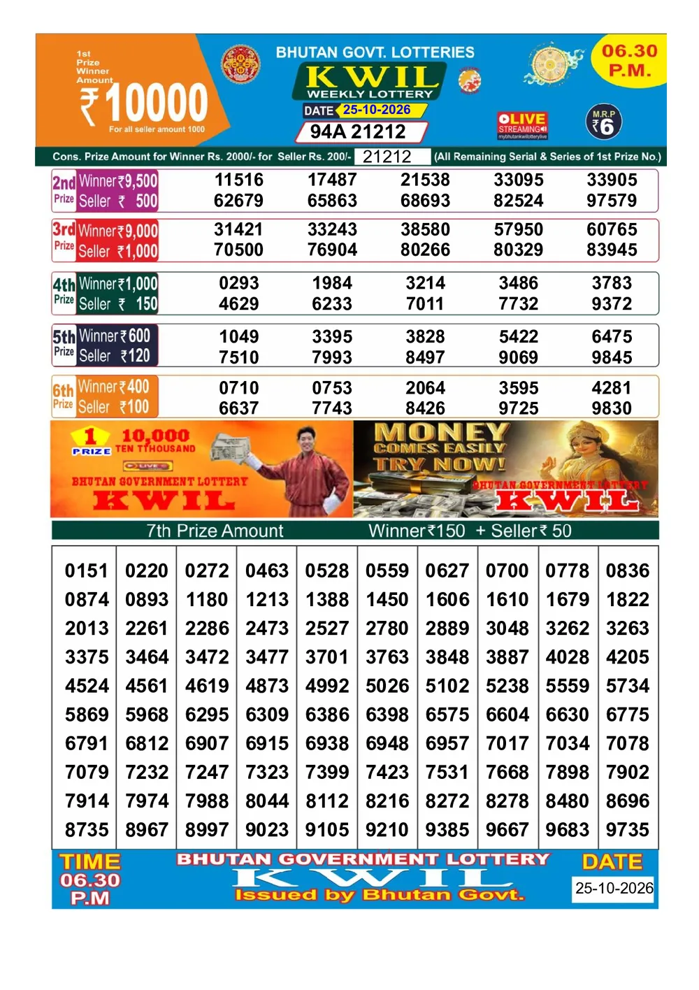 Bhutan Kwil 6:30 PM Result 25-Oct-2026